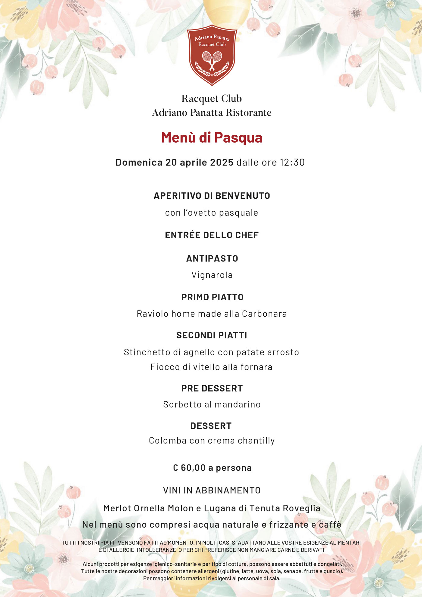 menù di pasqua 2025 ristorante panatta club house